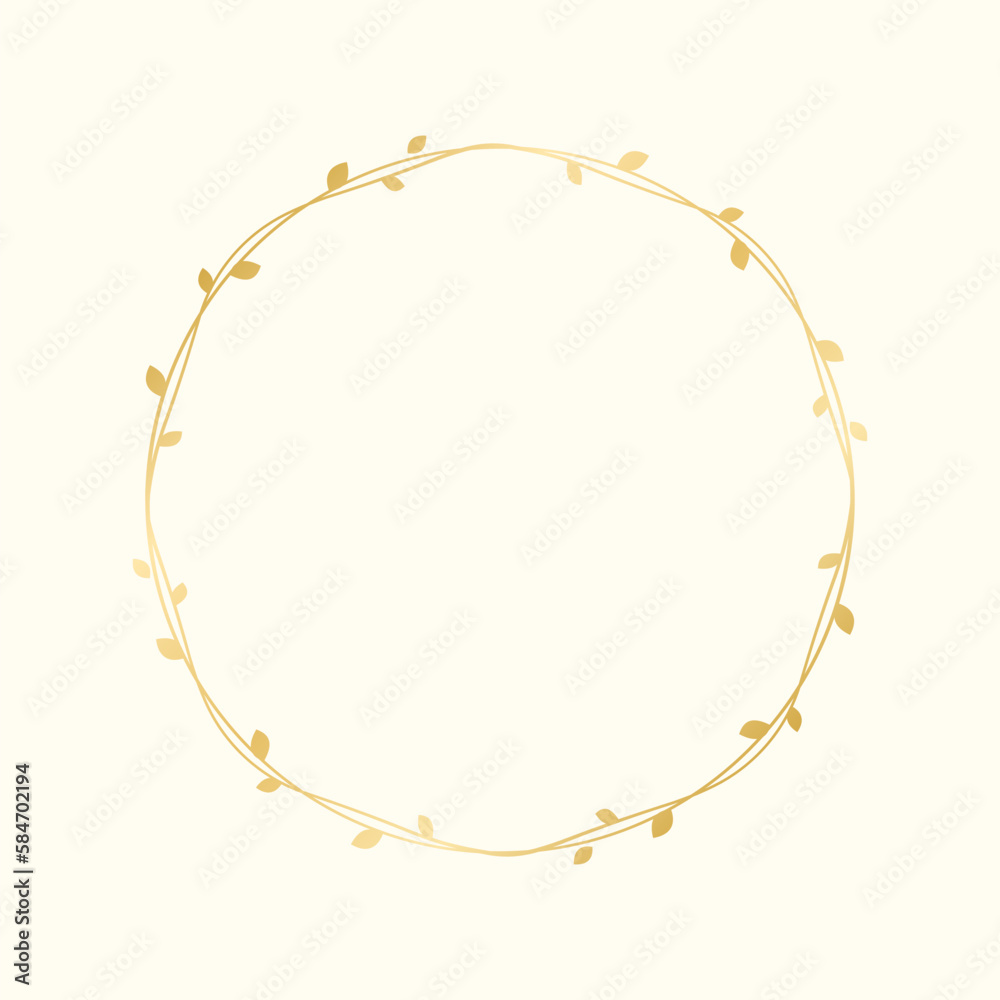 Circle golden frame with botanical design. Round vine frame wedding elegant wreath. Vector isolated illustration.