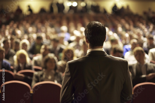 Businessmen in speaking in front of crowd © hotstock