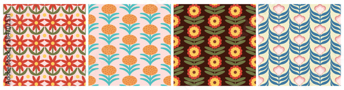 Set of Retro Floral Pattern. 70s Funky Design collection with Geometric Flowers. Groovy Mid Century scandi Seamless vector texture for fabric design, textile print, wrapping, cover