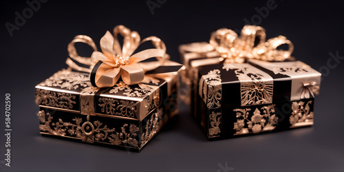 Luxury gift boxes with golden patterns, on black background, concept for holidays. Generative AI © Vlad Chorniy