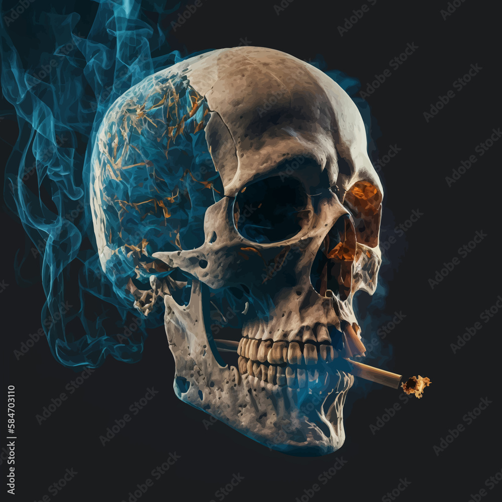 Concept of the harm of smoking. A skull with a cigarette and smoke. Skull of a smoking man, problems with diseases and addictions associated with cigarettes. 3d illustration. Concept of the harm of smoking. A skull with a cigarette and smoke. Skull of a smoking man, problems with diseases and addictions associated with cigarettes. 3d illustration.