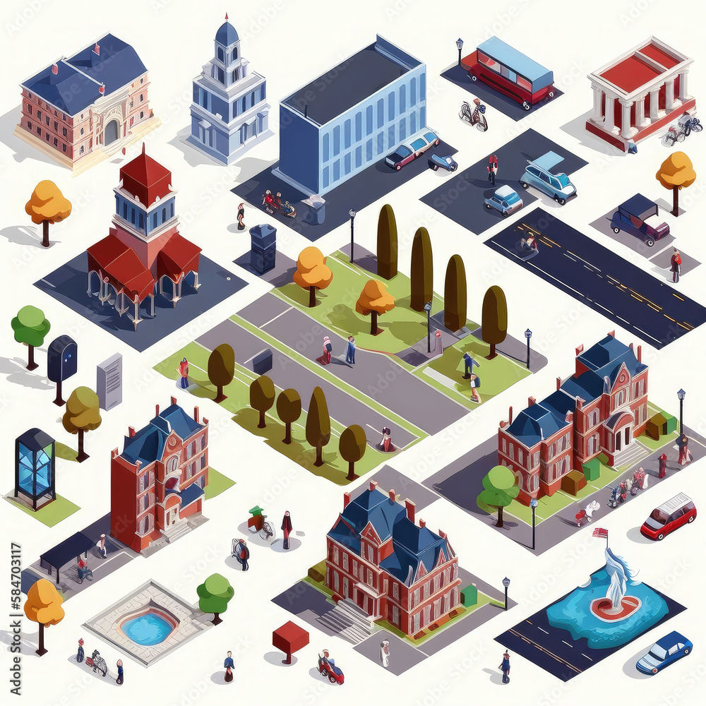 sprite sheet of of isometric vector art, city buildings, streets river ...