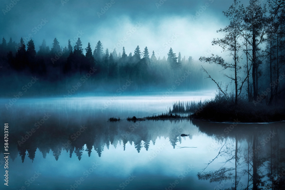 Calm Blue Forest, stillness and mist created with Generative AI technology