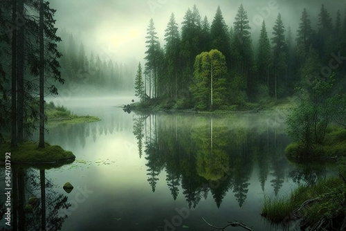 Calm Green Forest  stillness and mist created with Generative AI technology