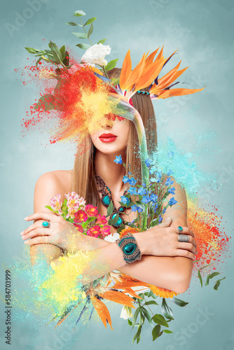 Abstract art collage of young woman with flowers