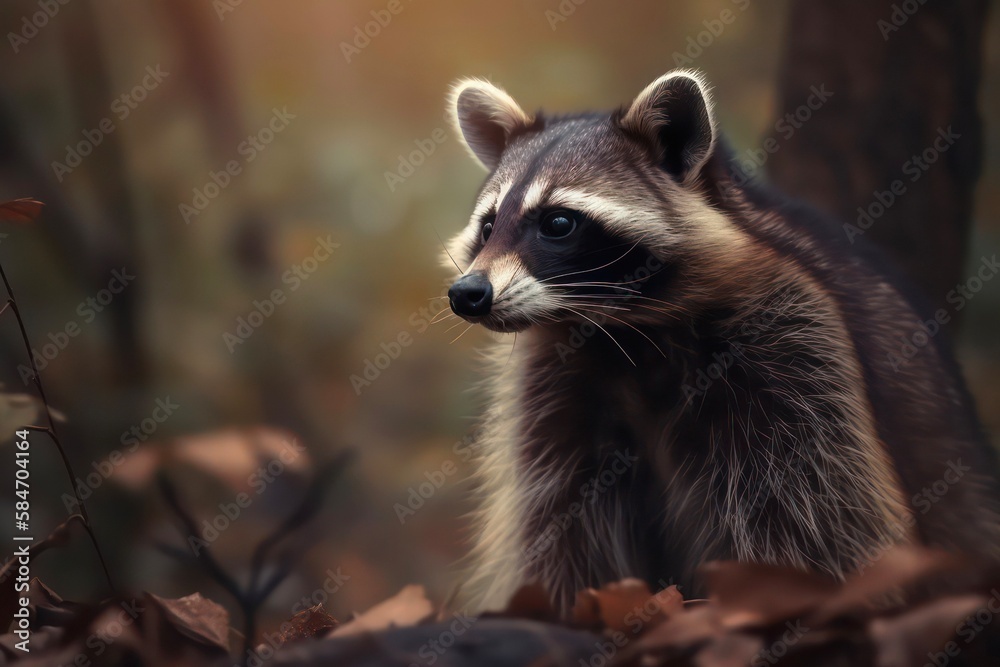 Cute raccoon in the forest. Generative AI.