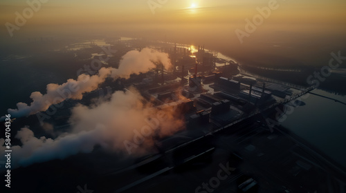 Aerial view of smokestacks at sunset. Industrial landscape. Generative AI