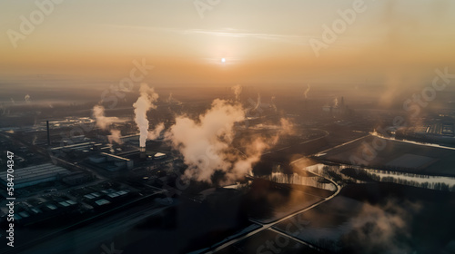 Aerial view of smokestacks at sunset. Industrial landscape. Generative AI