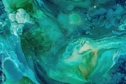 Blue and green sea water grows in patterns. vibrant turquoise, milky blue, and green waters. phytoplankton in diatoms, seen from above. water with ink. Background is amorphous. Generative AI photo
