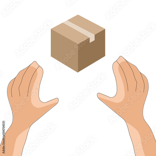 Vector hand and a box. Handle with care business