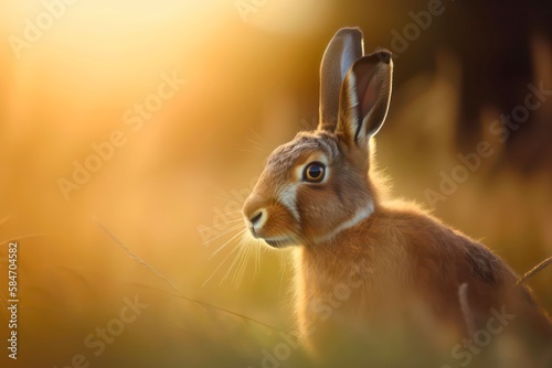Wild hare in the grass. Generative AI.