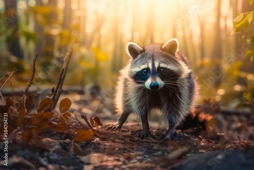 Cute little raccoon outdoors. Generative AI © Hanna