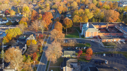 Photography Large historic traditional Church building with large parking lots and colorful