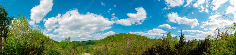 Panorama of the spring forest near the mountain town. Picturesque landscape of a sunny day.