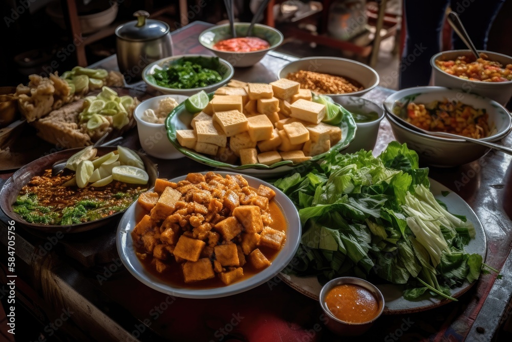 Tai Yai cuisine in Northern Thailand, including spicy fresh Burmese tofu salad. Generative AI