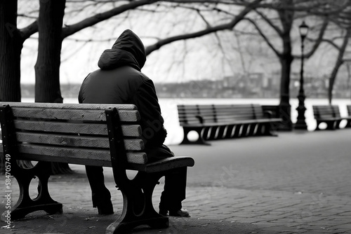 a lonely man sitting on a bench, sad feeling, black and white