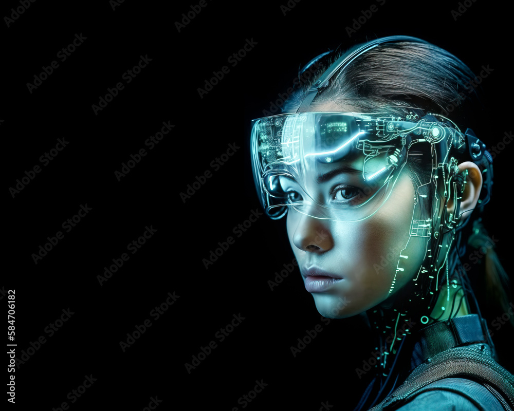 AI generated title Cybernetic Warrior, Female Cyborg in Virtual Reality Headset for War.