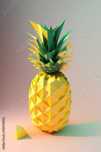 Pineapple on the yellow pastel background, colorblocks technique, handmade of paper. Generative AI photo