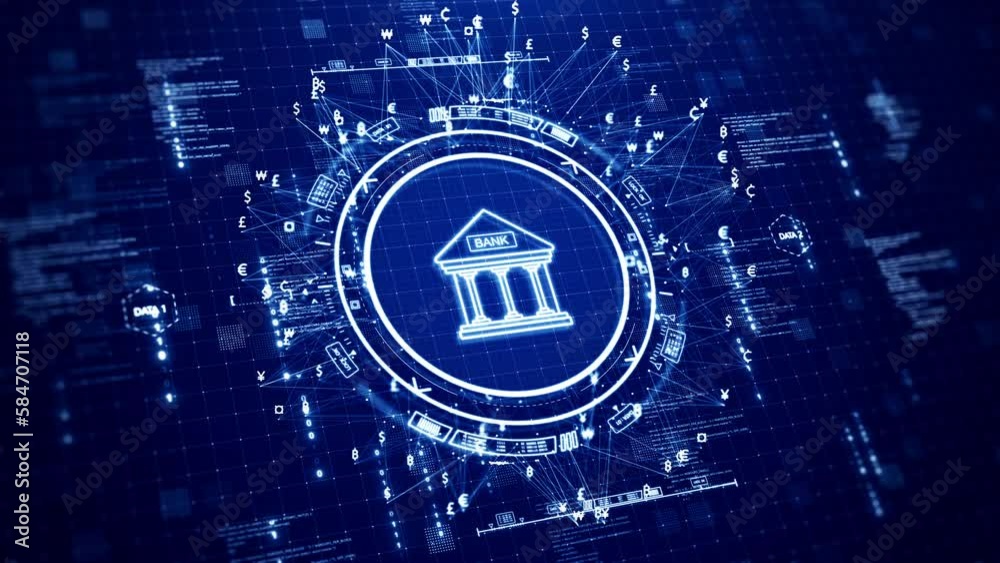 Virtual Bank. Digital technology concept Financial transactions, banking on online networks, protection systems with cyber security. Bank icon and currency connected polygon on dark blue background.