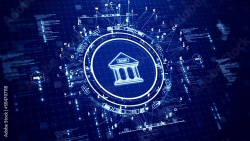 Virtual Bank. Digital technology concept Financial transactions, banking on online networks, protection systems with cyber security. Bank icon and currency connected polygon on dark blue background.