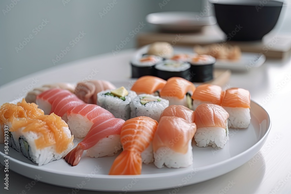 Epicurean Delight: Closeup of Japanese Sushi Set on White Kitchen Table. Generative AI Epicurean Delight: Closeup of Japanese Sushi Set on White Kitchen Table. Generative AI