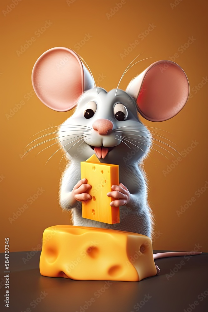 Cute Mouse with Cheese - 3D Cartoon Illustration Isolated on White Background: Generative AI