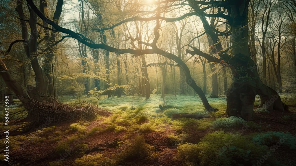 Imaginary Fairyland Forest of Tall Trees Illuminated by Spring Sunlight: Generative AI