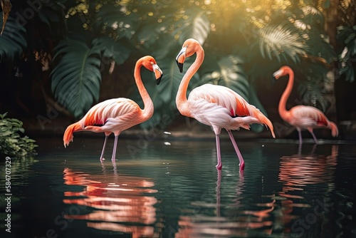 Elegant Exotic Flamingo Brightly Strolling Through Tropical Lake  A Vibrant and Colourful Feathery Eye-Catching Environment. Generative AI