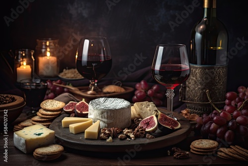 Epicure Delight: Red Wine & Cheese on a Christmas Table for Dinner and Snacks. Generative AI