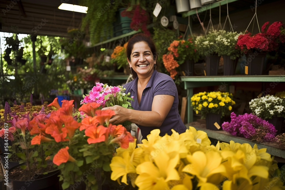 Friendly hispanic woman working in a flower shop. generative AI