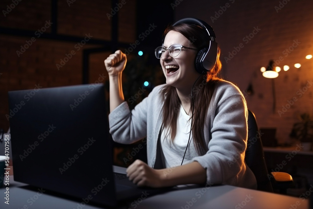 Young female gamer celebrating a win in her video game. Fists in the air for triumph while wearing headphones. generative AI Young female gamer celebrating a win in her video game. Fists in the air for triumph while wearing headphones. generative AI