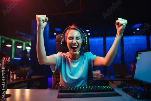 Young female gamer celebrating a win in her video game. Fists in the air for triumph while wearing headphones. generative AI