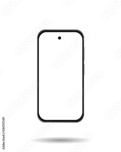 Detailed realistic black smartphone with white screen on white background.