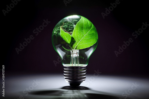 Green eco friendly energy represented by a glowing light bulb with plants and Earth elements inside. generative AI