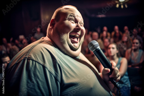 Obese comedian telling jokes in a comedy club. generative AI
