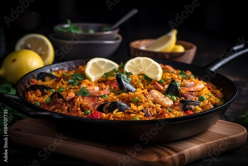 Golden Spanish Paella with Seafood and Chicken, Generative AI