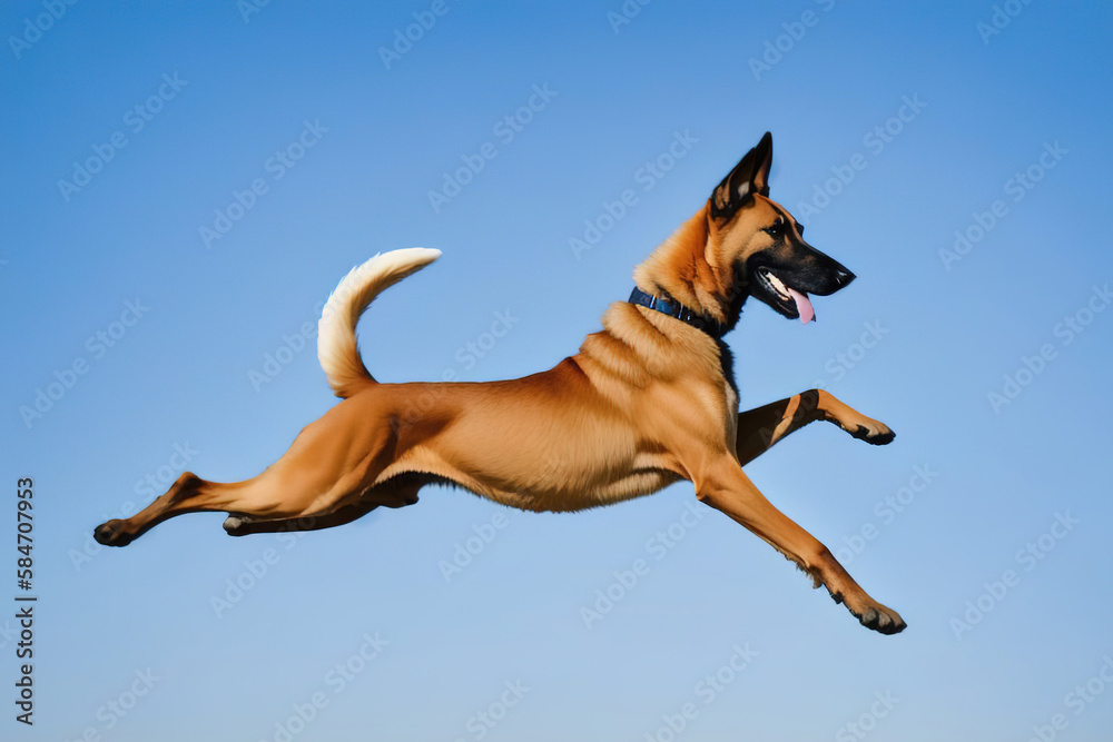 Belgian Shepherd Malinois on the guard of the border performs a jump. Generative AI. Belgian Shepherd Malinois on the guard of the border performs a jump. Generative AI.