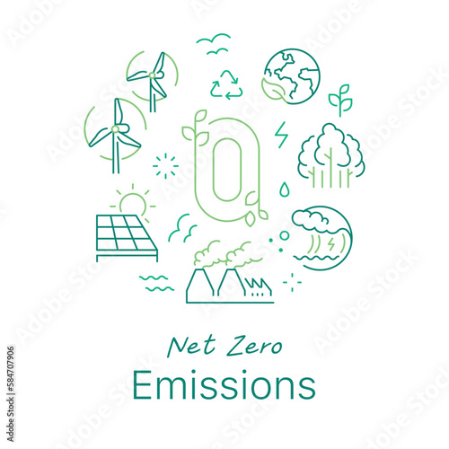 Net zero emissions concept vector illustration. Line art style light background design for Article, Web page, Banner, Poster, Print ad, etc.