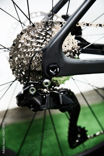 close up of road bike rear wheel