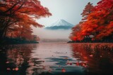 One of the best places to visit in Japan is the colorful Autumn Season with Mountain Fuji, morning fog, and red leaves at Lake Kawaguchiko. Generative AI