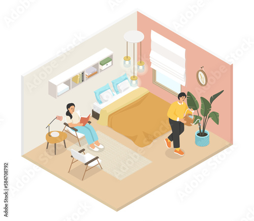 Family bedroom - modern vector colorful isometric illustration