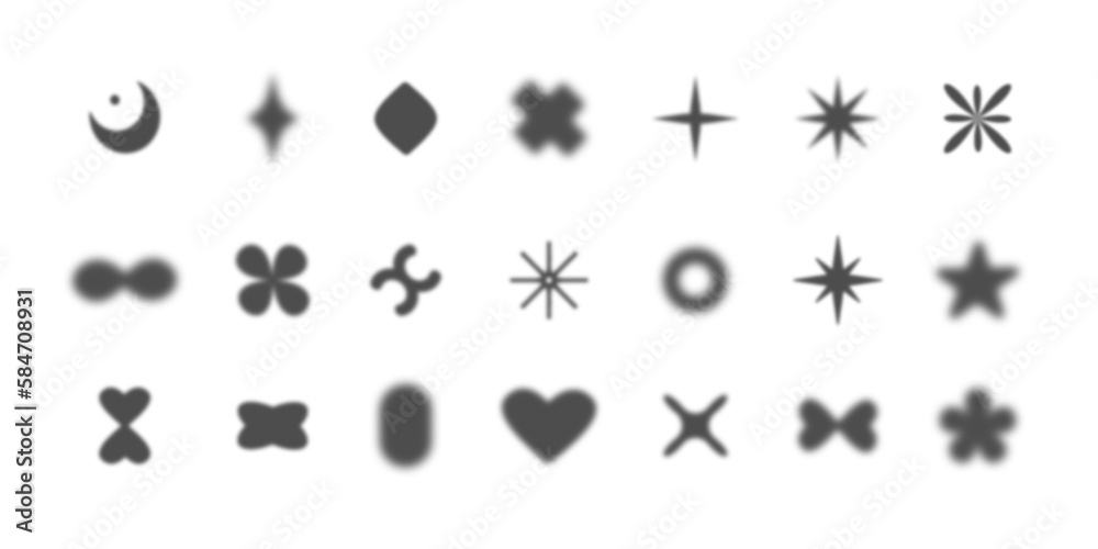 Abstract blur shapes, blurry heart and floral aesthetic elements. Blur stars, moons. Various geometric shapes with blur effect vector set. EPS 10 Abstract blur shapes, blurry heart and floral aesthetic elements. Blur stars, moons. Various geometric shapes with blur effect vector set. EPS 10