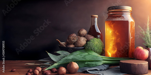 Horizontal View of a Variety of Green Plants Template with Broccoli and Apples Next to a Jar of Honey Generative AI
