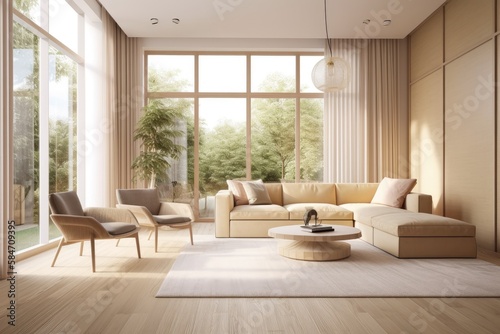 The decor of a contemporary villa living room features beige furniture  bright walls  hardwood flooring  a sofa  and an armchair with a light. Relaxation idea. Generative AI