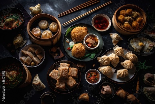 Dark background with Chinese food. Dim sum, spring rolls, peking duck, Chinese noodles, fried rice, and dumplings. Set of well known Chinese dishes. For text only. looking up. Concept for a Chinese re © AkuAku