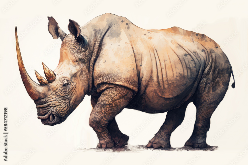Rhino illustration on white light background. Full body length side view. Generative AI. Rhino illustration on white light background. Full body length side view. Generative AI.