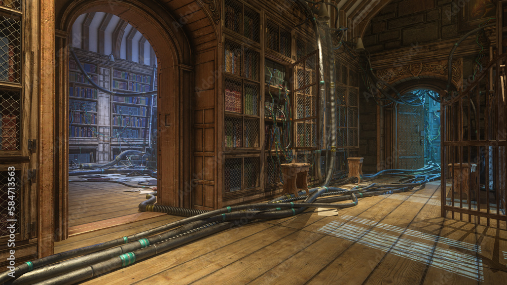 Old library interior with wooden floor, panelled walls, bookcases and futuristic sci-fi equipment. 3D rendering. Old library interior with wooden floor, panelled walls, bookcases and futuristic sci-fi equipment. 3D rendering.