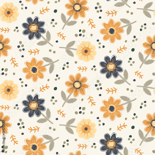Naive meadowflowers seamless vector pattern background. Vintage retro color scribbled flowers backdrop. Blue orange scattered botanical design. Decorative garden floral all over print for summer