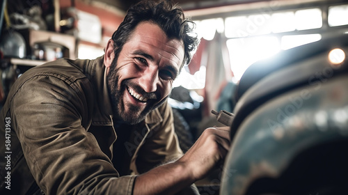 Car mechanic smiling, working on a car, repair and service, garage, small business, generative ai