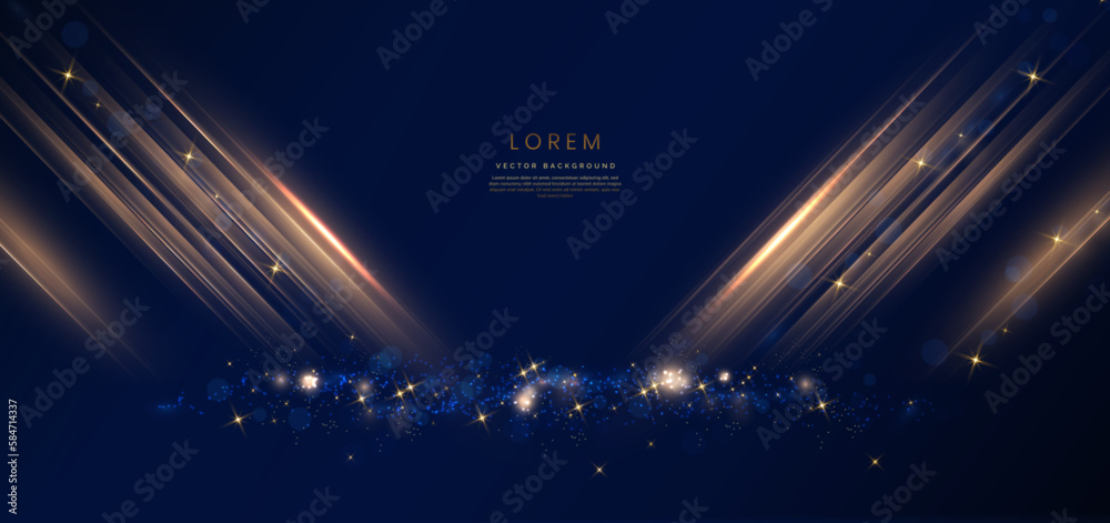 Elegant golden stage diagonal glowing with lighting effect sparkle on dark blue background. Template premium award design.